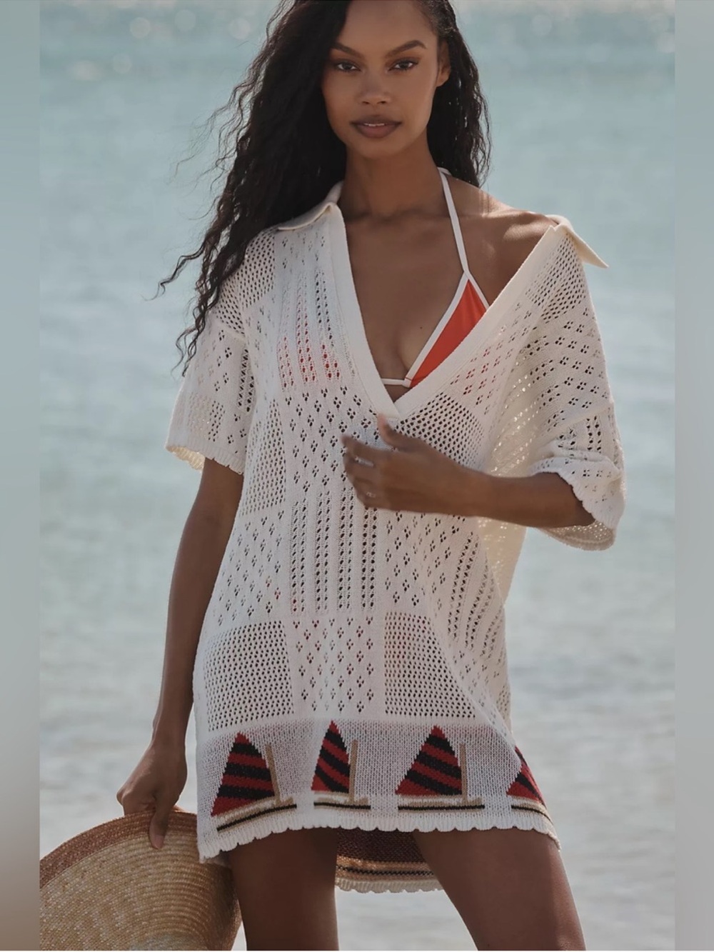 Women’s White Crochet Beach Cover-Up with Red Accent